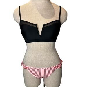 Aerie Black Scoop V Bikini Top and Red Striped Bottoms 2 Piece Size Small NWT